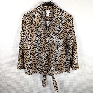 Chico’s Women’s 2 L Leopard Print Cotton Button Front Tie Hem Shirt Blouse Chic
